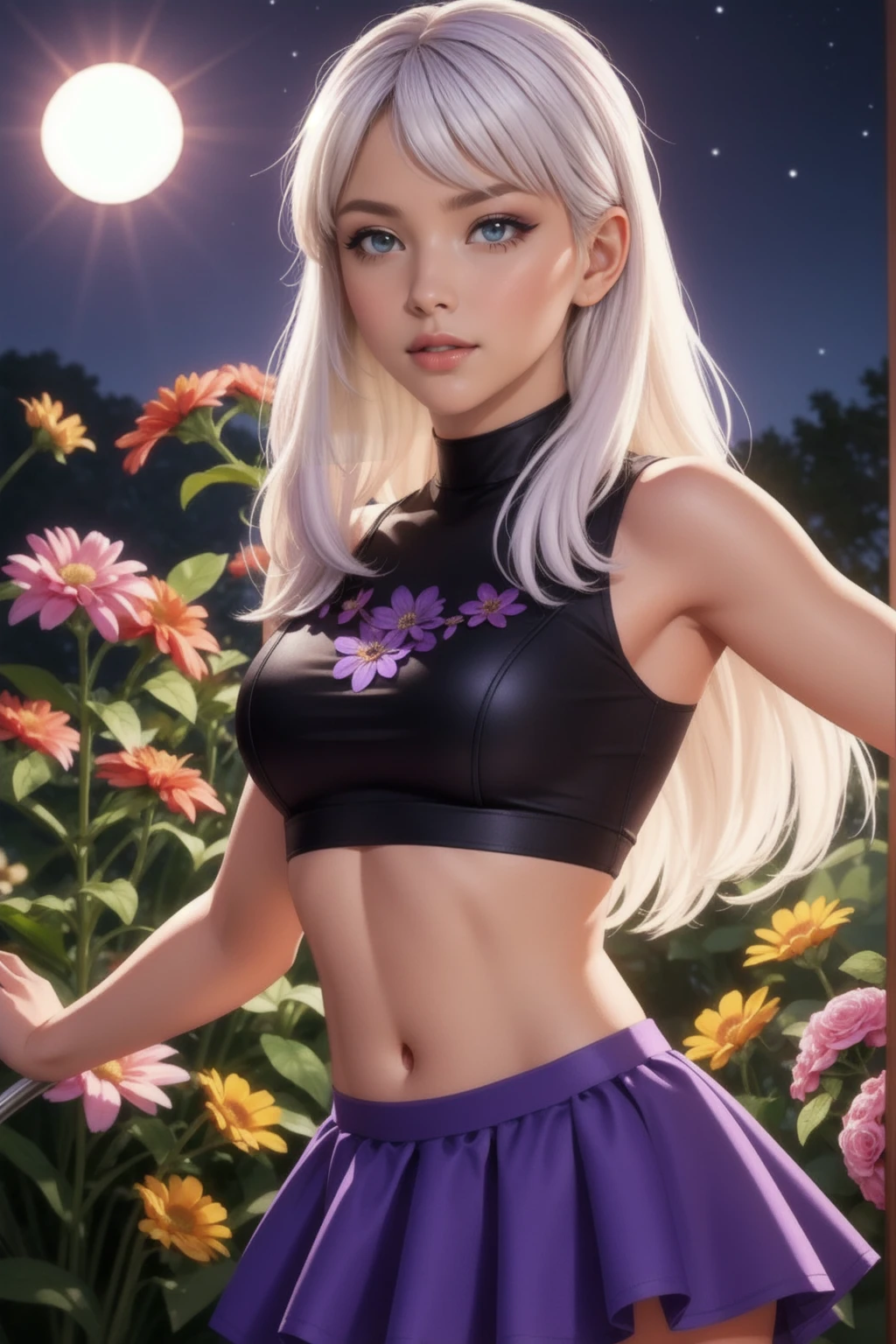 realistic, 1 girl, White hair, Purple eyes, Brilliant eyes, crop top, skirt, parted lips, blush, night, flowers, Sun, Sunlight,