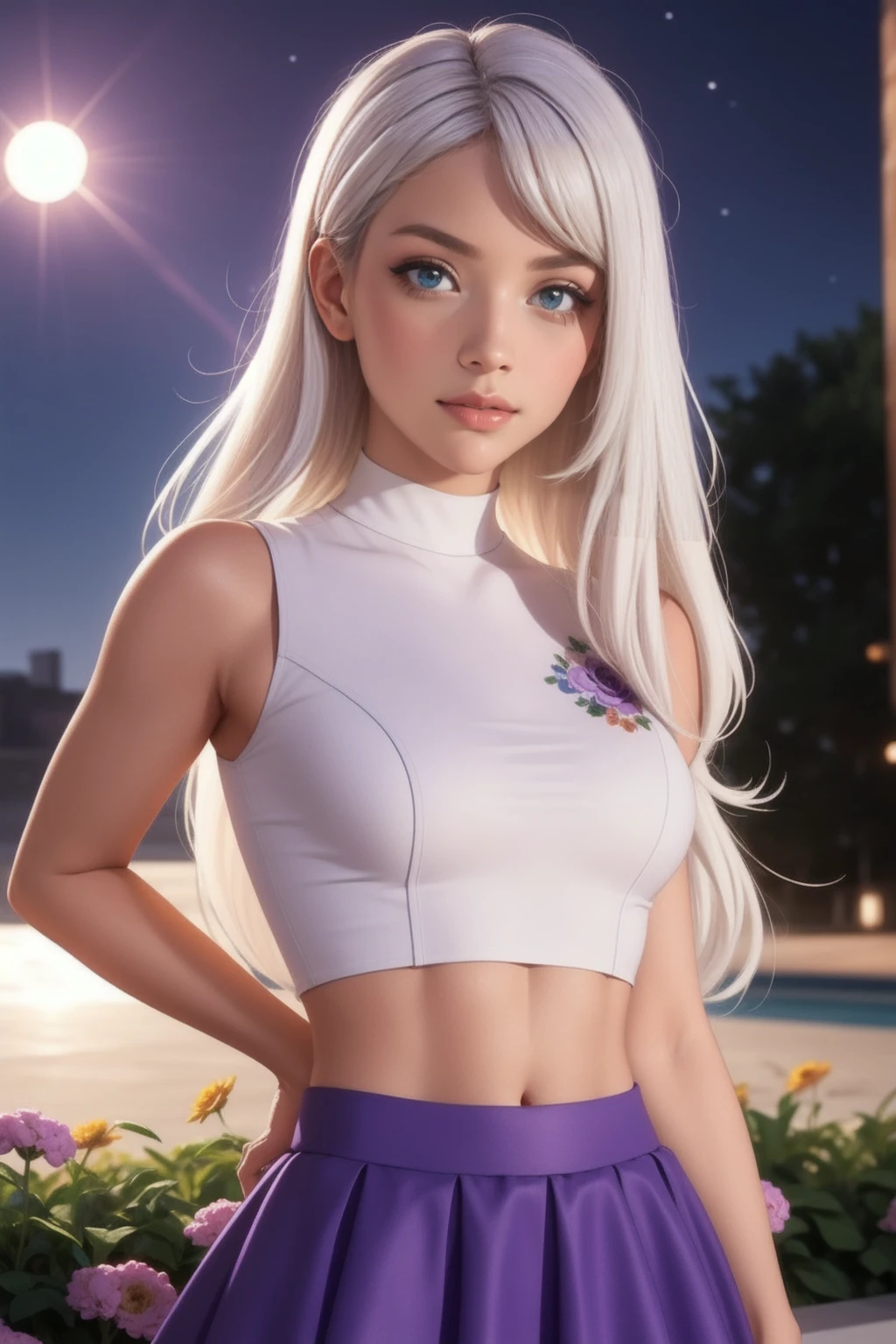 realistic, 1 girl, White hair, Purple eyes, Brilliant eyes, crop top, skirt, parted lips, blush, night, flowers, Sun, Sunlight,