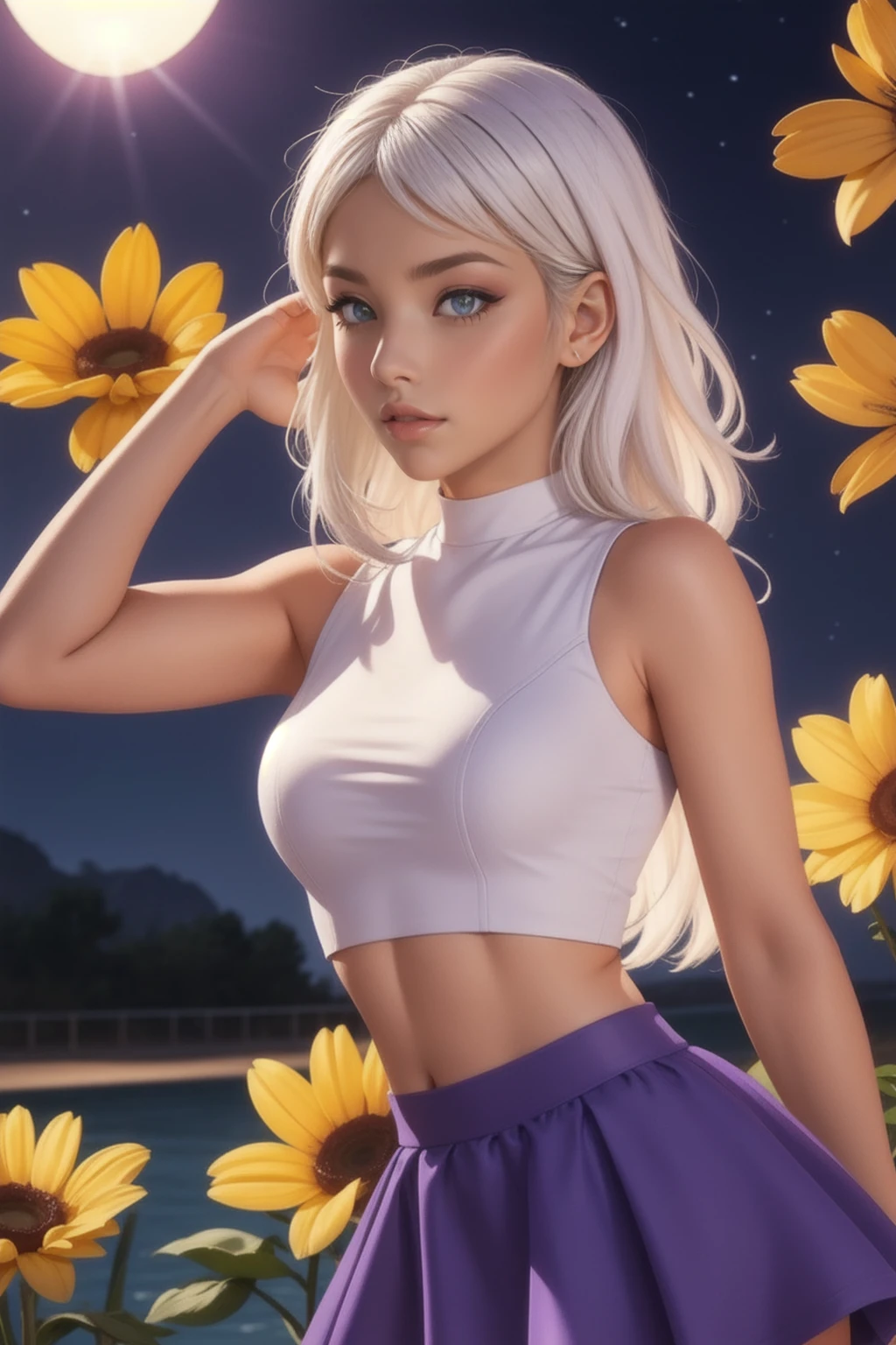 realistic, 1 girl, White hair, Purple eyes, Brilliant eyes, crop top, skirt, parted lips, blush, night, flowers, Sun, Sunlight,