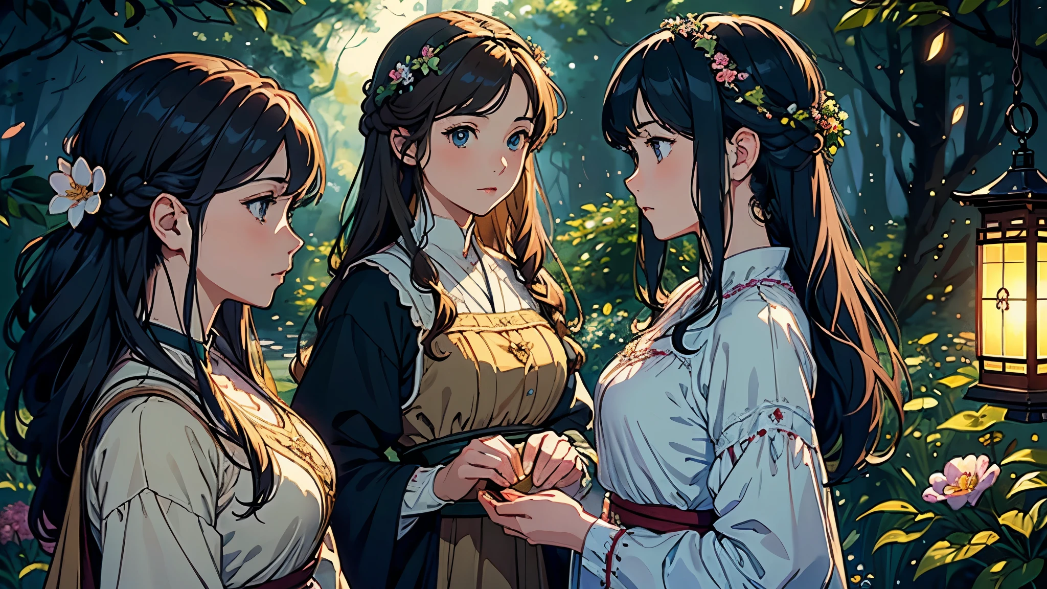 (highest quality, masterpiece, High resolution)、4K Anime Art、Soft Light、(Two women、20-year-old)、(Side view)、(Detailed depiction of a beautiful face)、Put your hair up、Medieval European Dress、 evening、A woman is holding a lantern、Fireflies are flying、Lily flowers are blooming、Wales forest、(Pre-Raphaelite style)、(Edmund Leighton Style)、(sergeant style)、