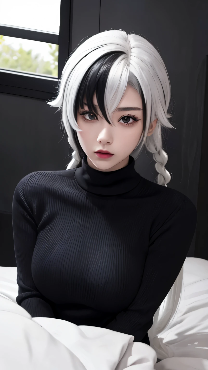 Realism、Blatant、-yeld giWear a black turtleneck sweater，Face enhancement，Big breasts zoom，Emphasize cleavage，Looking from the bottom up，White hair，Black Hair，Colorful Hair，short hair，Straight Hair，Long braids，Glowing red eyes，Red X pupil，blush，Red lips，Sexy，Sitting on the bed，Open your mouth、Hold the back of your head with both hands、Wearing a turtleneck sweater，Sweaty face