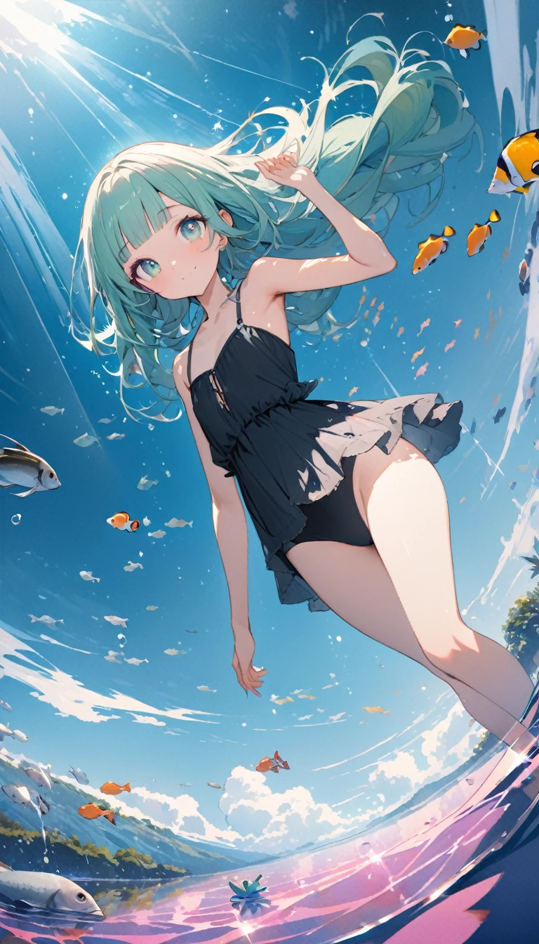 (masterpiece:1.3), (best quality:1.2), (illustration:1.2), (ultra detailed:1.2), (pixiv:1.4), ultra high res, watercolor, a girl with mimosa-colored and blunt bangs hair and eyes, (masterpiece:1.3), (best quality:1.2), (illustration:1.2), (ultra detailed:1.2), (pixiv:1.4), ultra high res, watercolor,looking at viewer ,focus eye,flat chest,slender,shining, many rays, (transparent lake:1.3), emerald lake, a black bikini, swimming under water, (tropical fish:1.3) pastel tones, flat tones, upward glance, tilt head, full body, twinkle smile, 1girl, solo, 15years old, detailed beautiful face and eyes, fashion model, tall, slender legs, medium breasts, hair fluttering, (well-proportioned body:1.2), (dynamic angle:1.3) (beautiful hair:1.2), (masterpiece:1.2) , (best quality:1.2) , (ultra-detailed:1.2), 1000 other tiny bubbles all around, bubbles with light shined,