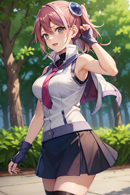 masterpiece, best quality, highres, 1girl, solo, hy1, hair ornament, multicolored hair, necktie, skirt, sleeveless, , black thighhighs, jewelry, ta1, white jacket, sleeveless, blue skirt, fingerless gloves, large breasts, happy, cowboy shot, outdoors, forest