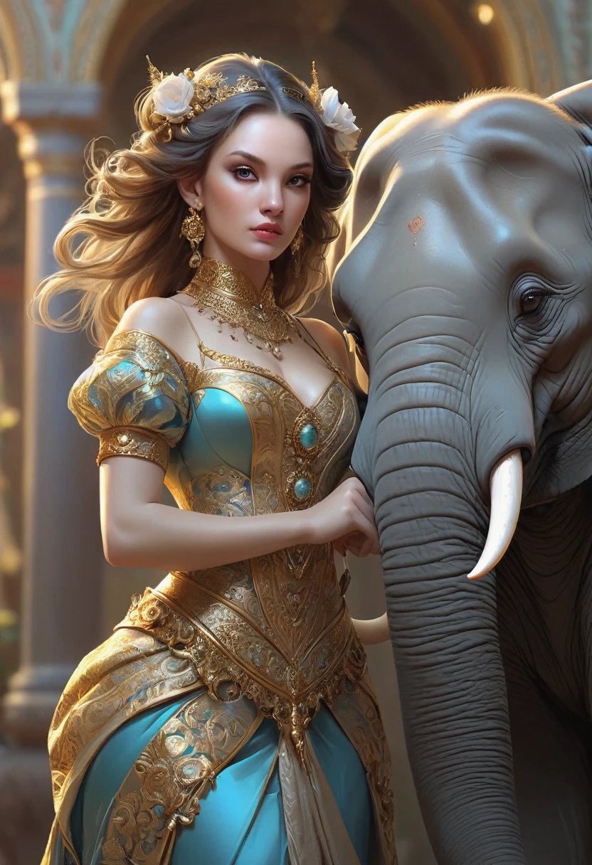 A Beautiful Elegant Women-Elephant Chimera. Official Art, Award Winning Digital Painting, Digital Illustration, Extreme Detail, 4k, Ultra Hd, Rococo, Polished, Intricate, Realistic Fantasy Art, Sharp Focus, Concept Art, Art By Wlop, Artgerm, (2d Vector Illustration)