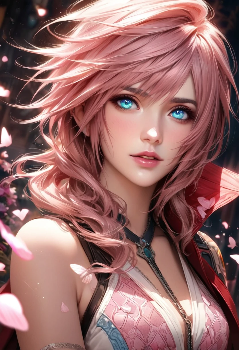 Ultra detailed, HDR, Highres, absurdres, master piece, Claire Farron, expressive aqua pale eyes, wavy pink short hair, Final Fantasy XIII, red cape with patterns, pink glittering butterflies, pink ice, petals, pink ice glass flowers, extremely beautiful, solo, extremely detailed face and eyes, woman, glittering, glittering eyes, realistic face, Lightning Farron,