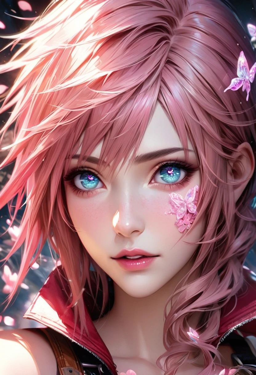 Ultra detailed, HDR, Highres, absurdres, master piece, Claire Farron, expressive aqua pale eyes, wavy pink short hair, Final Fantasy XIII, red cape with patterns, pink glittering butterflies, pink ice, petals, pink ice glass flowers, extremely beautiful, solo, extremely detailed face and eyes, woman, glittering, glittering eyes, realistic face, Lightning Farron,