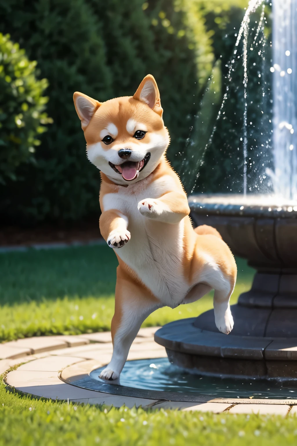masterpiece, A cute small Shiba Inu shaking its body dry, motion-blur, action-blur, Park, lawn, fountain