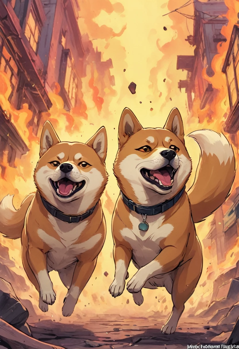 wordless redraw splash page cel shaded cinematic overjoyed unhinged overwhelming vile stanky boogie dance, duo sunglasses wearing shiba inu doggos, dancing on top of inferno meme, visually hilarious, cohesive, intense meme that conveys overwhelming joy, cel shaded overjoyed vile stanky boogie dancing, overwhelming cohesive intense hilarity surreal silly meme, duo of shiba inu doggos, super serious stare down, trying to make funny face to make the other laugh, both doggos have unknown unhinged postmeme beyond comprehension silly face expression, excessive surreal abstract overwhelming intense humor style,, single image, unified 90's comic coloring, rich hues with shading depth


