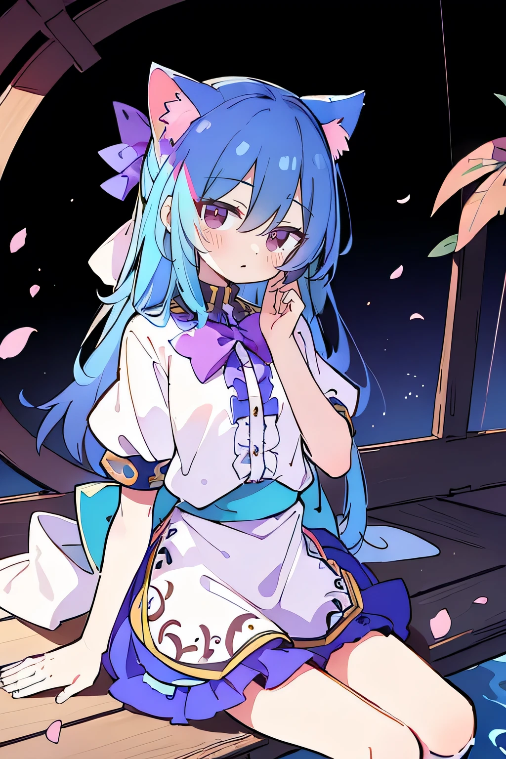 (masterpiece:1.2),ultra-detailed,realistic,expressive eyes,fair-skinned,perfectly shaped face,1girl,
Japanese cartoons,Gorgeous blue hair, flowing blue hair,floating clothes,cat ears,petals falling,beautiful Lola,Hina Angel,
hands on waist,gracefully sitting on the ground,legs crossed,gentle and serene background,cool and comfortable pavilion,night ,