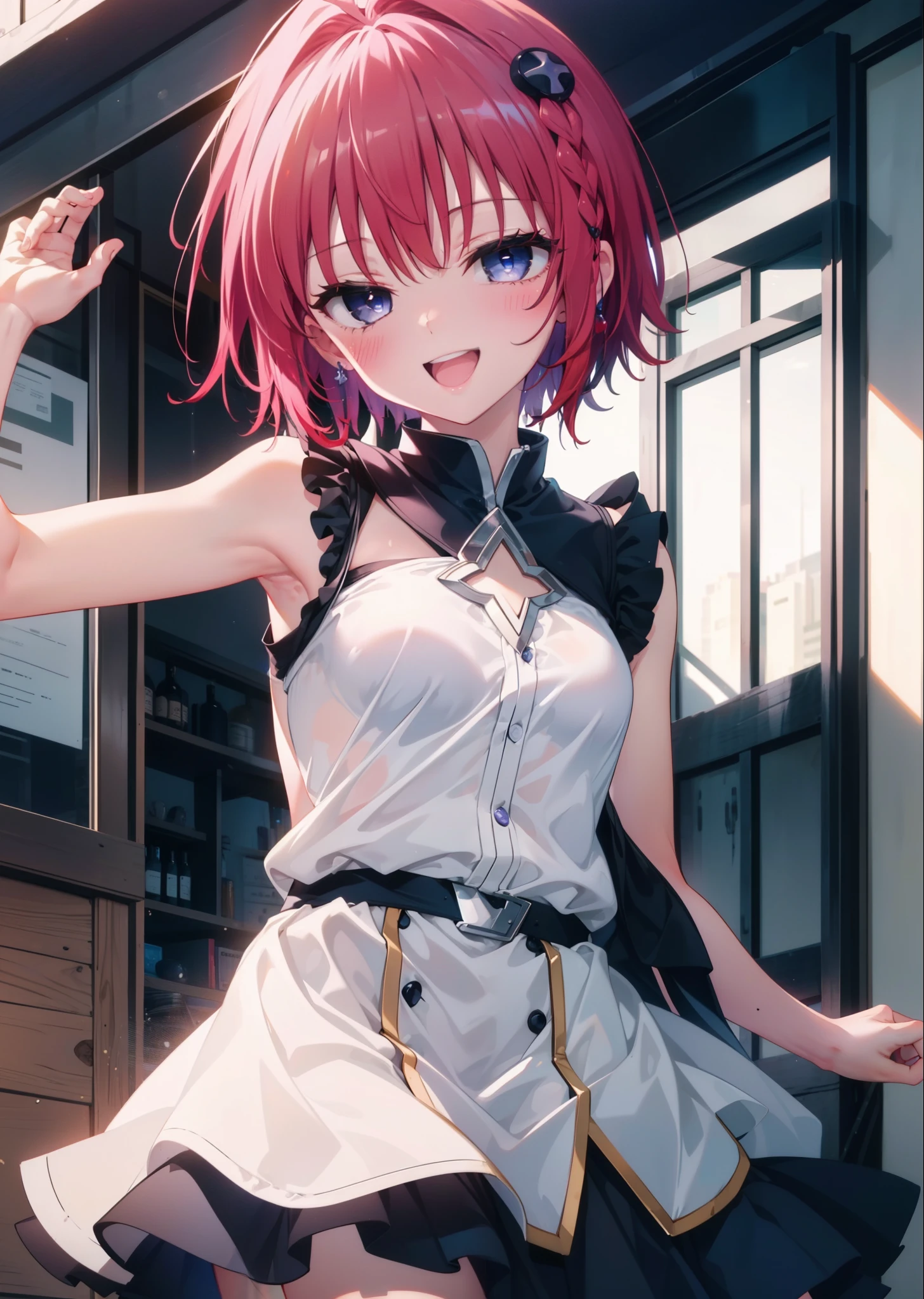 (masterpiece, highest quality:1.2),shape,8k,High resolution,kurosaki mea,Cowboy Shot,As if your whole body is in the illustration,1 girl,happy smile, smile, Open your mouth,Red hair,Long braids,Upper Body,(Portraiture:1.2),hair ornaments,smile,Purple eyes,Medium Chest,White Hair Band,Sleeveless dress,Long skirt,Cute Sandals,happy smile, smile, Open your mouth,smile,blush, Building district (Cowboy Shot:1. 5),(masterpiece:1.2), highest quality, High resolution, unity 8k wallpaper, (shape:0.8), (Beautiful and detailed:1.6), Highly detailed face, Perfect lighting, Extremely detailed CG, (Perfect hands, Perfect Anatomy),