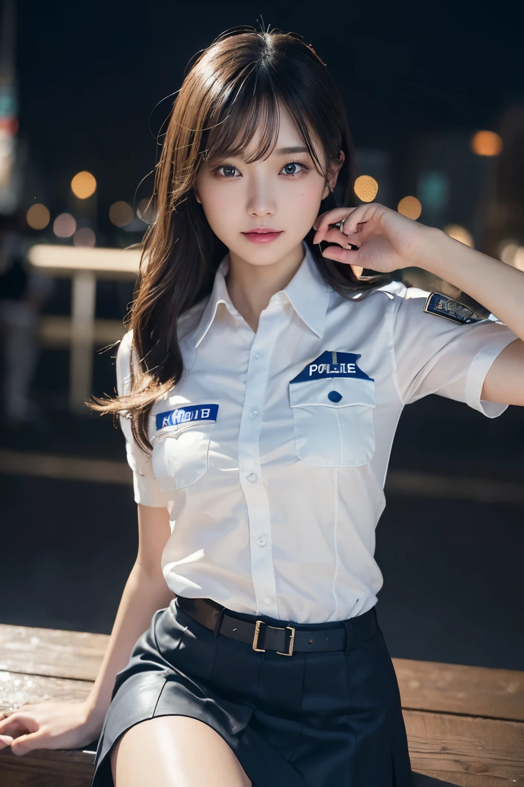 An innocent 20-year-old girl、((Police Girl, Sexy police uniform, skirt, Cute and elegant, Dramatic Pose)),smile,Night city background,shortcut、RAW Photos, (8k、highest quality、masterpiece:1.2)、(Intricate details:1.4)、(Photorealistic:1.4)、Octane Rendering、Complex 3D rendering with ultra-detail, Studio Soft Light, Rim Light, Vivid details, Super Detail, Realistic skin texture, Detailed aspect, Beautiful details in the eyes, Highly detailed CG Unity 16k wallpaper, compensate, (Detailed Background:1.2), Glowing Skin, whole body,Put your hands down、Spread your legs and show me your panties,Sit on a bench