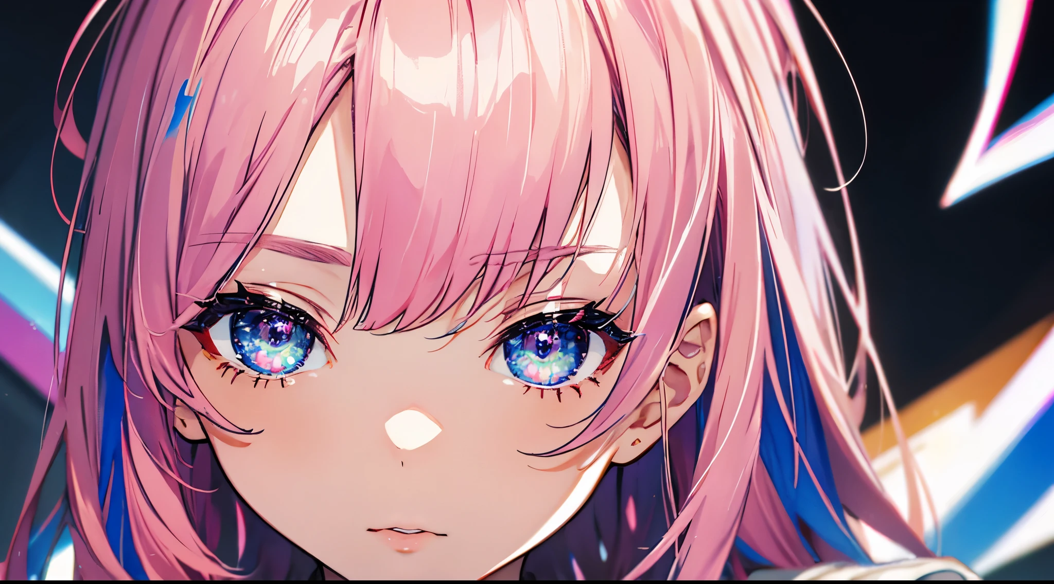 Close-up shot, Eye close-up, ((masterpiece)), ((Ultra-detailed)), Pixiv, Best Shadow, Best lighting, highest quality, Cinematic shots, One girl, solo, Bans, Thematic Depth, paint, Portraiture, Hair length, Blunt bangs, Lips parted, Paint splashes, ((Two-tone hair)), Looking at the camera, Pink Hair, ((Colorful eyes)), chromatic aberration