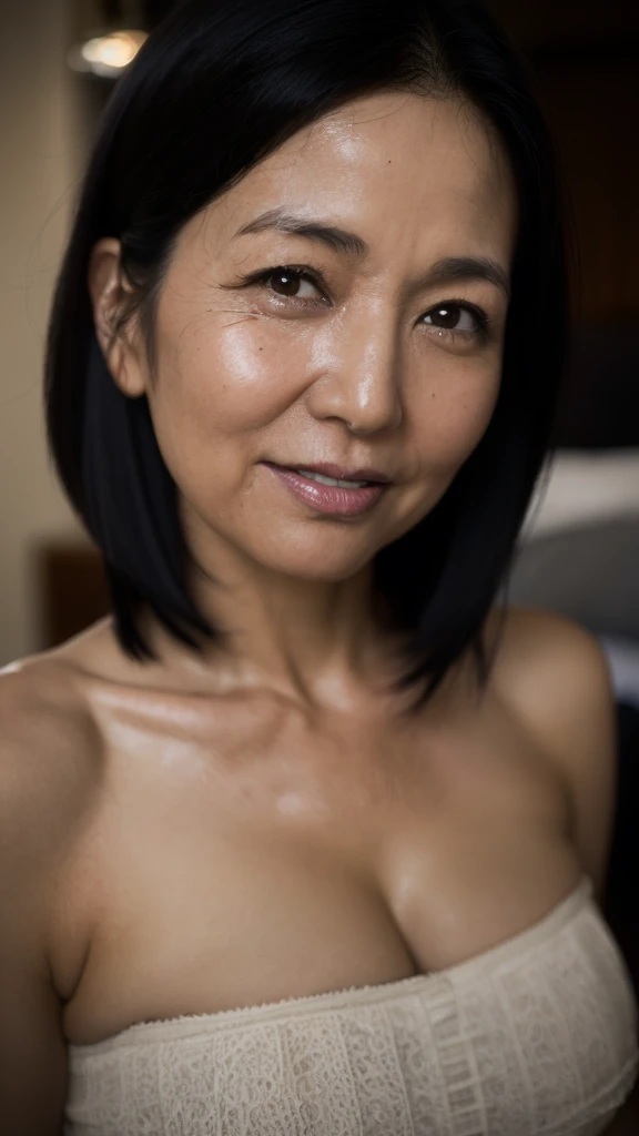 NSFW, ((Best Quality)), ((8K)), ((Masterpiece: 1.3)), (Perfect Appearance), (Photorealism: 1.6), (A woman in a camisole stands by the bed), Bedroom, night, luxurious furniture, Japanese woman, 47 years old, (realistic skin texture)), (overall skin fine lines: 1.3), (skin dullness: 1.1), (skin without moisture): 1.2 ), (skin wrinkles) Face: 0.9), (crow's feet: 1.2), double eyelids, tear sacs on lower eyelids, (crying mole: 0.9), eyes facing towards you, serious expression, ( Dimples: 1.2), medium long hairstyle, gentle smile, eyes looking towards you, short hairstyle, silk camisole, lace camisole, (whole body: 1.4), low angle