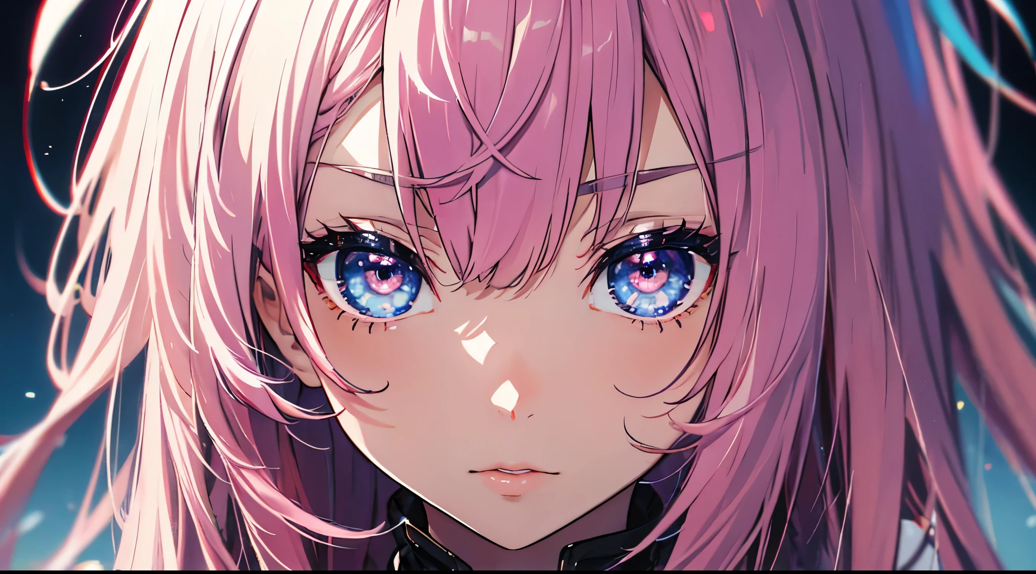 Close-up shot, Eye close-up, ((masterpiece)), ((Ultra-detailed)), Pixiv, Best Shadow, Best lighting, highest quality, Cinematic shots, One girl, solo, Bans, Thematic Depth, paint, Portraiture, Hair length, Blunt bangs, Lips parted, Paint splashes, ((Two-tone hair)), Looking at the camera, Pink Hair, ((Colorful eyes)), chromatic aberration