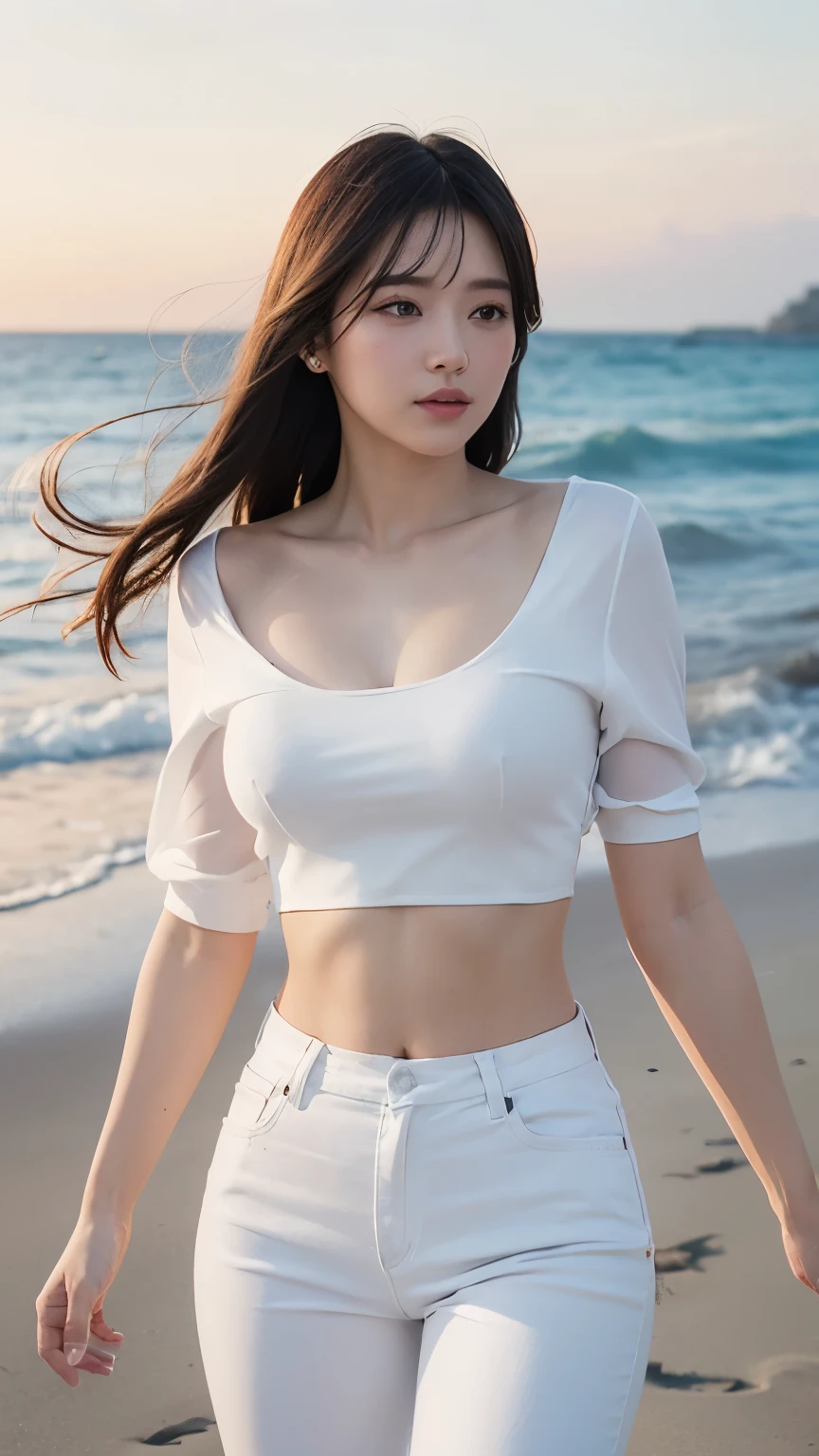 (logo、masterpiece、8k、Tabletop、RAW Photos、wonderful、最high quality、フォトリアリスティックでVery detailedな CG 統合 8k 壁紙、high quality、Very detailed、narrative poem、Particle Effects、Dynamic Effects、Depth of written boundary、Cinematic Light、Lens flare、Ray Tracing)、Fantasy、 (One beautiful woman、White Pants、White T-shirt、White tube top、White crop top、Black-haired、Beautiful Face、True Face、Beautiful details、eye、Beautiful Skin、Ultimate Body、glamorous)、私の髪はWindに舞う、Hair flutters in Wind、Hair bounces、Seaside、wonderful景色、coastal、sunrise、Sun in the background、Wind、Beach