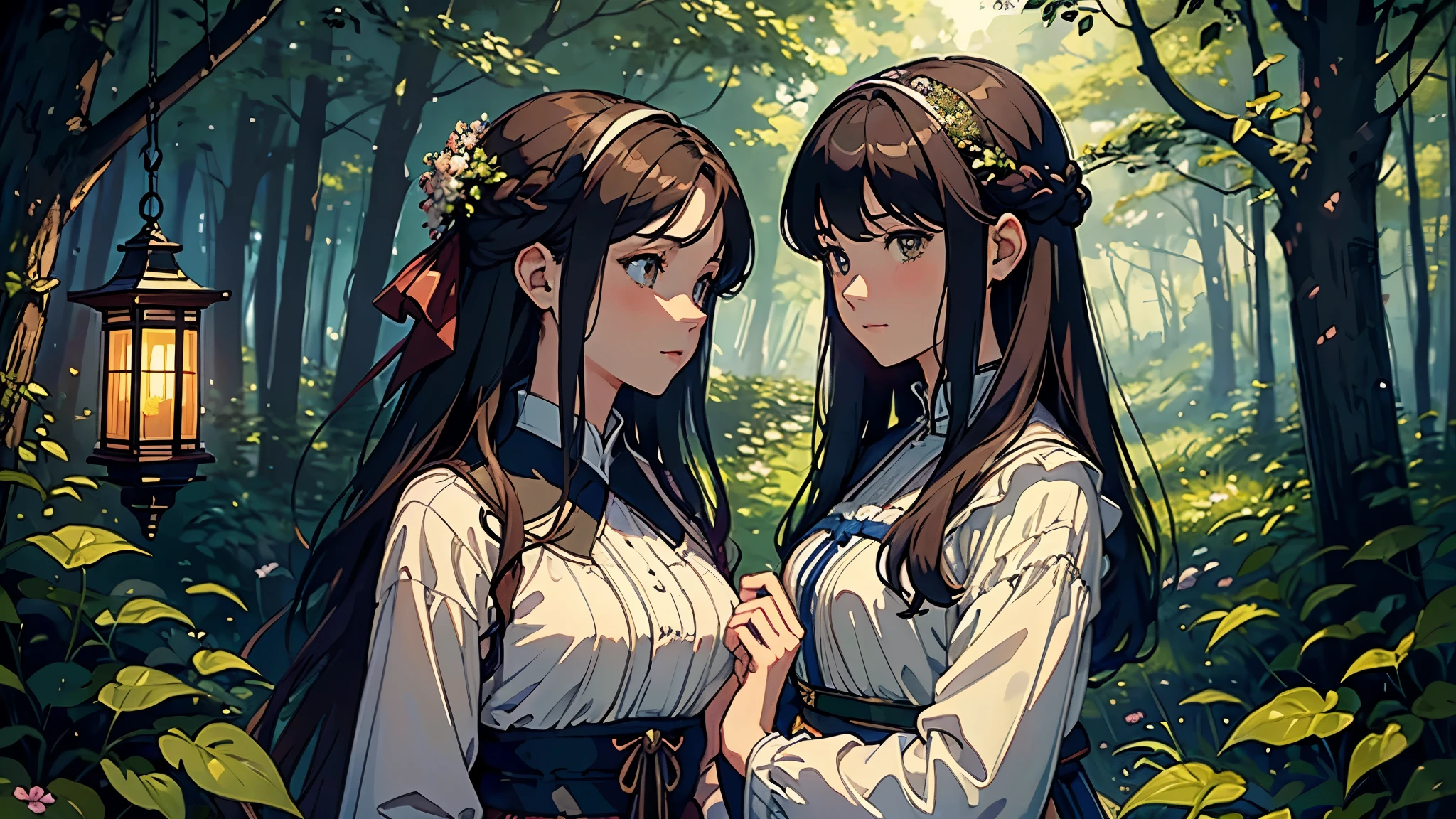 (highest quality, masterpiece, High resolution)、4K Anime Art、Soft Light、(Two women lost in the woods、20-year-old)、(Detailed depiction of a beautiful face)、Put your hair up、Medieval European Dress、 evening、A woman is holding a lantern、Fireflies are flying、Lily flowers are blooming、In the woods of England、(Pre-Raphaelite style)、(Edmund Leighton Style)、(sergeant style)、