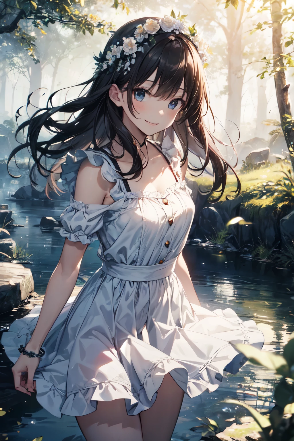 very cute and beautiful girl,frilled white summer dress with detailed lace,skirt lift,white panties,
(highly detailed beautiful face),cowboy shot,(smile),black hair,flower crown,
(standing near water spring in forest),fog,fantastic stone monument,detailed landscape,
(best quality,masterpiece:1.0),absurdres,highres,ultra-detailed,extremely detailed,32k,8k resolution,
intricate details,cinematic scene,detailed background,solo,dynamic angle,
cinematic lighting,dim light,hair fluttering in the wind,