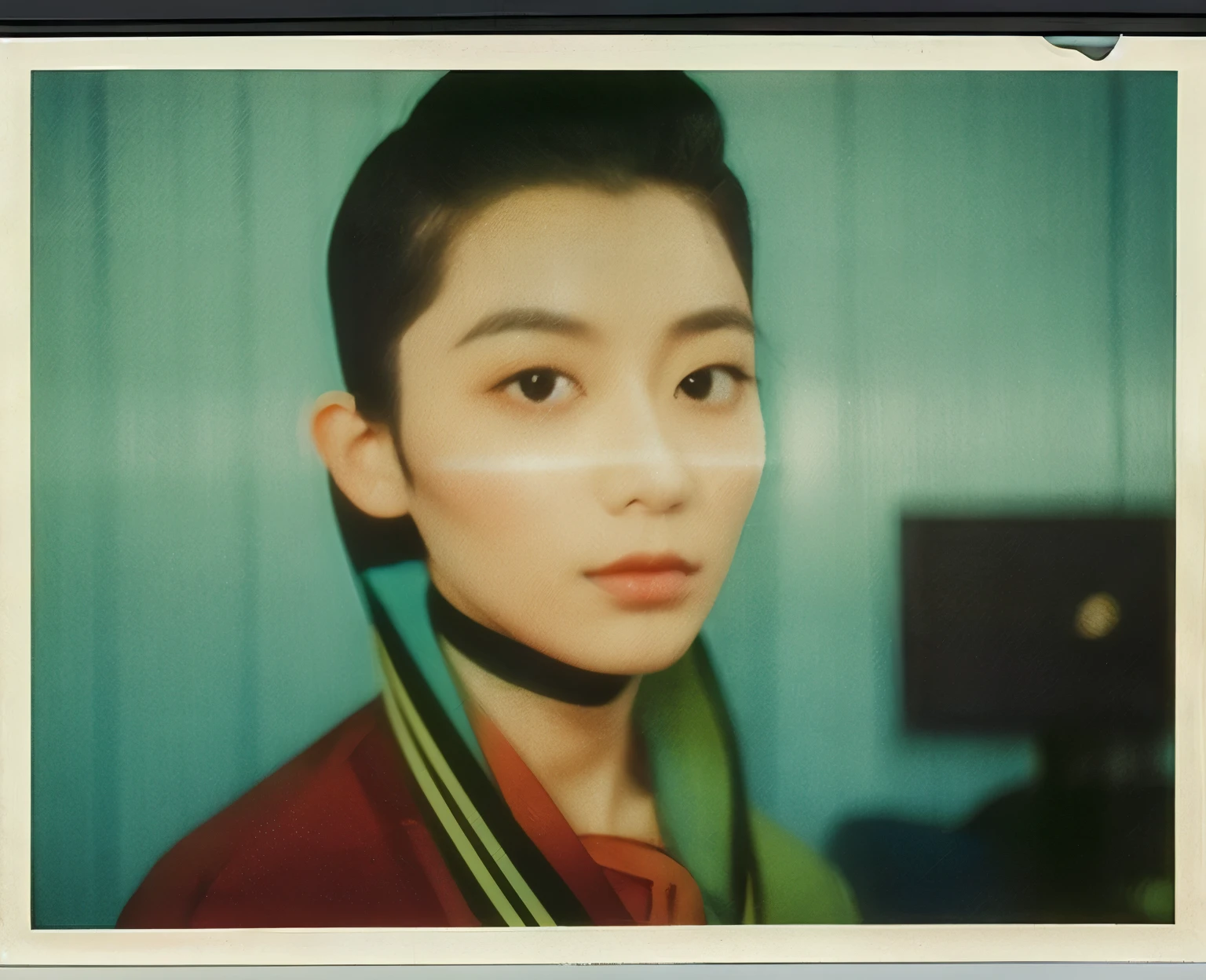 color unsharp masking quality. A Japanese Aditya romeo dev. thick outline. blurry photo. color slide film. 1958.