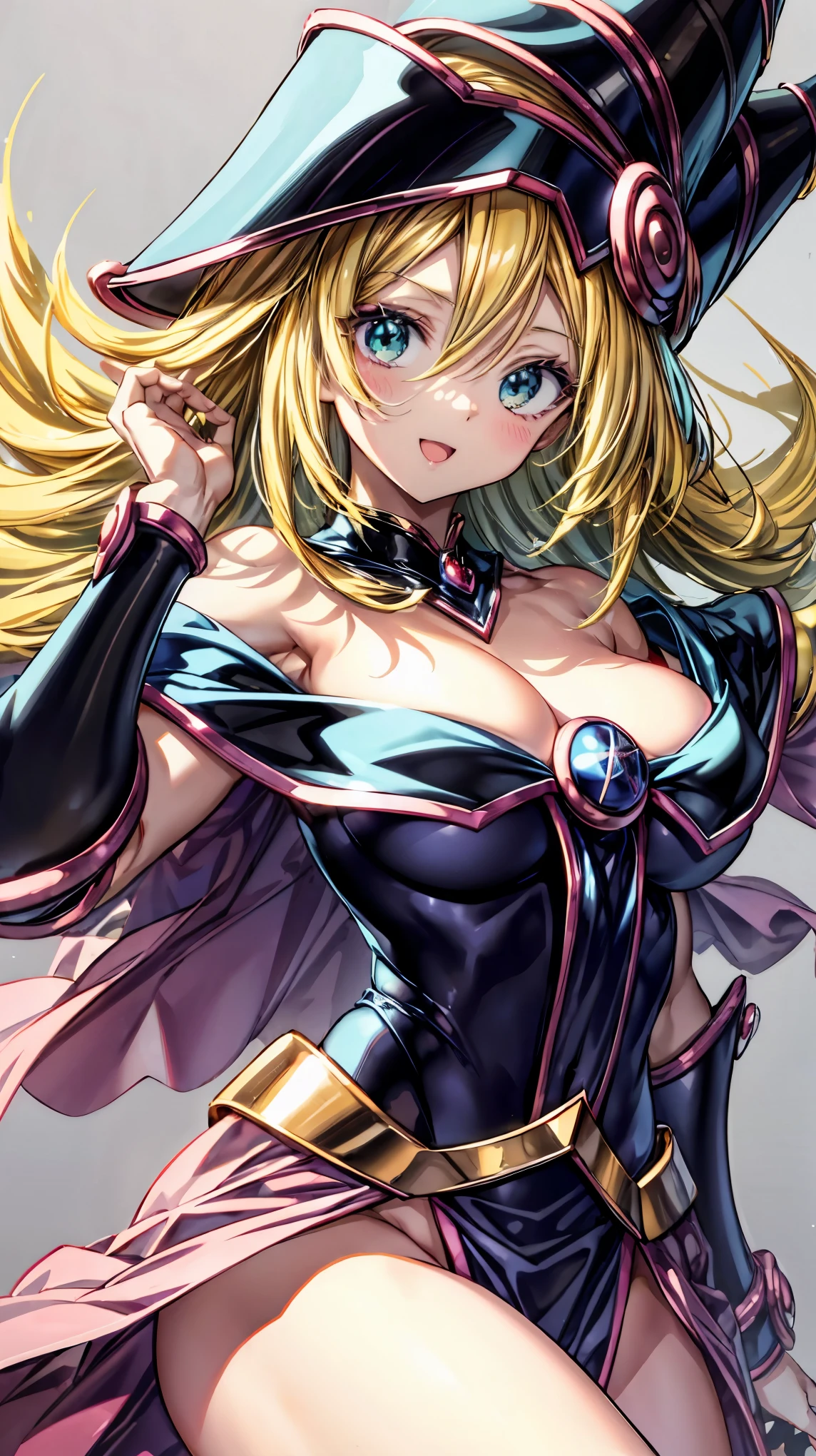 Very detailed、highest quality、Best image quality、masterpiece、8k、Anime Face、A kind smile、Open your mouth、Blonde Hair Color、Black Magician Girl