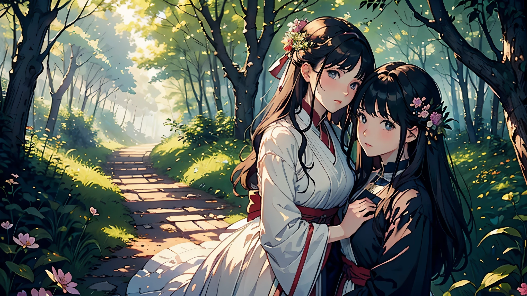 (highest quality, masterpiece, High resolution)、4K Anime Art、Soft Light、(Two women looking at each other in the woods、20-year-old)、(Detailed depiction of a beautiful face)、Put your hair up、Medieval European Dress、 evening、A woman is holding a lantern、Fireflies are flying、Lily flowers are blooming、In the woods of England、(Pre-Raphaelite style)、(Edmund Leighton Style)、(sergeant style)、