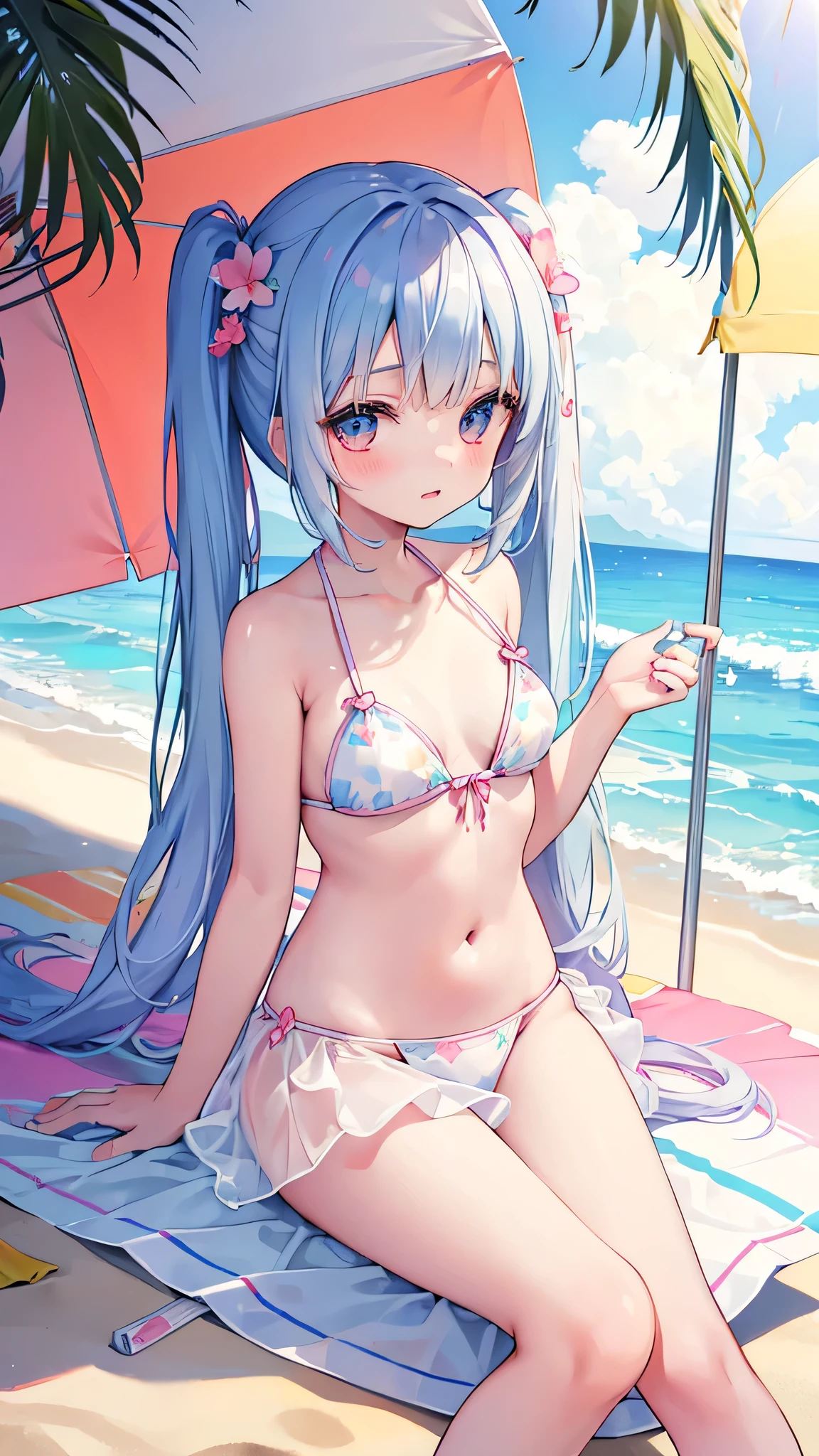 White sand beach、beautiful sea、((Two girls))、Girls applying sun oil to each other under a parasol on the beach、The girls are messing around、The girl is lying down、The girl is wearing a colorful bikini、Bikini strings are undone、Twin-tailed girl and ponytailed girl、White skin、