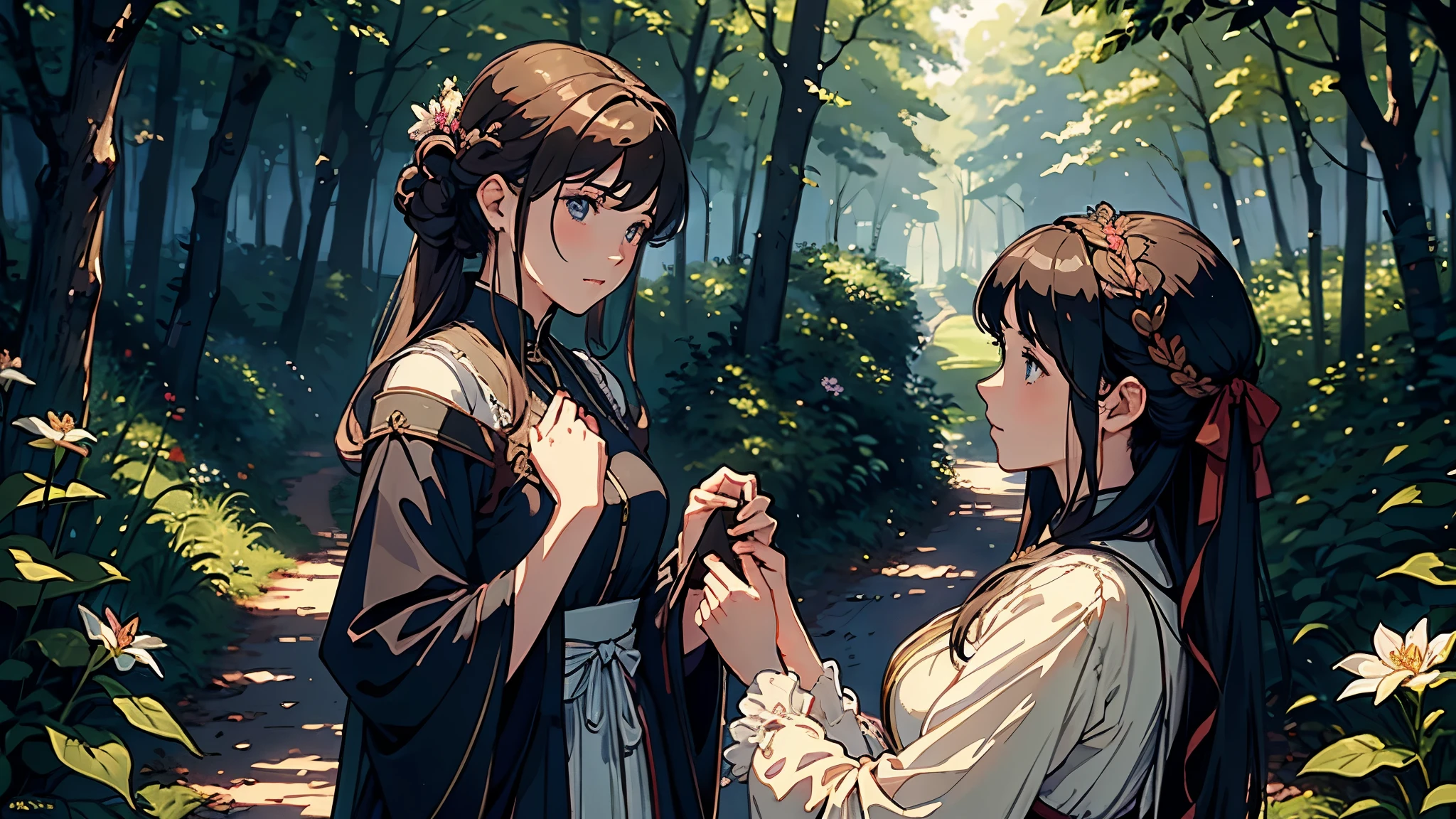 (highest quality, masterpiece, High resolution)、4K Anime Art、Soft Light、(Two women looking at each other in the woods、20-year-old)、(Detailed depiction of a beautiful face)、Put your hair up、Medieval European Dress、 evening、A woman is holding a lantern、Fireflies are flying、Lily flowers are blooming、In the woods of England、(Pre-Raphaelite style)、(Edmund Leighton Style)、(sergeant style)、