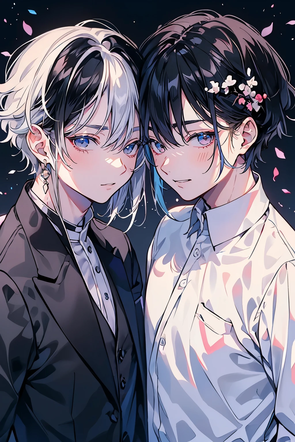 (Mastepiece), (Best Quality), Very detailed, ((Two friendly men)), Perfect Face, Beautiful Face, Very detailed顔,(Black Haired Man:1.3),(Man with white hair:1.3),suit,shirt