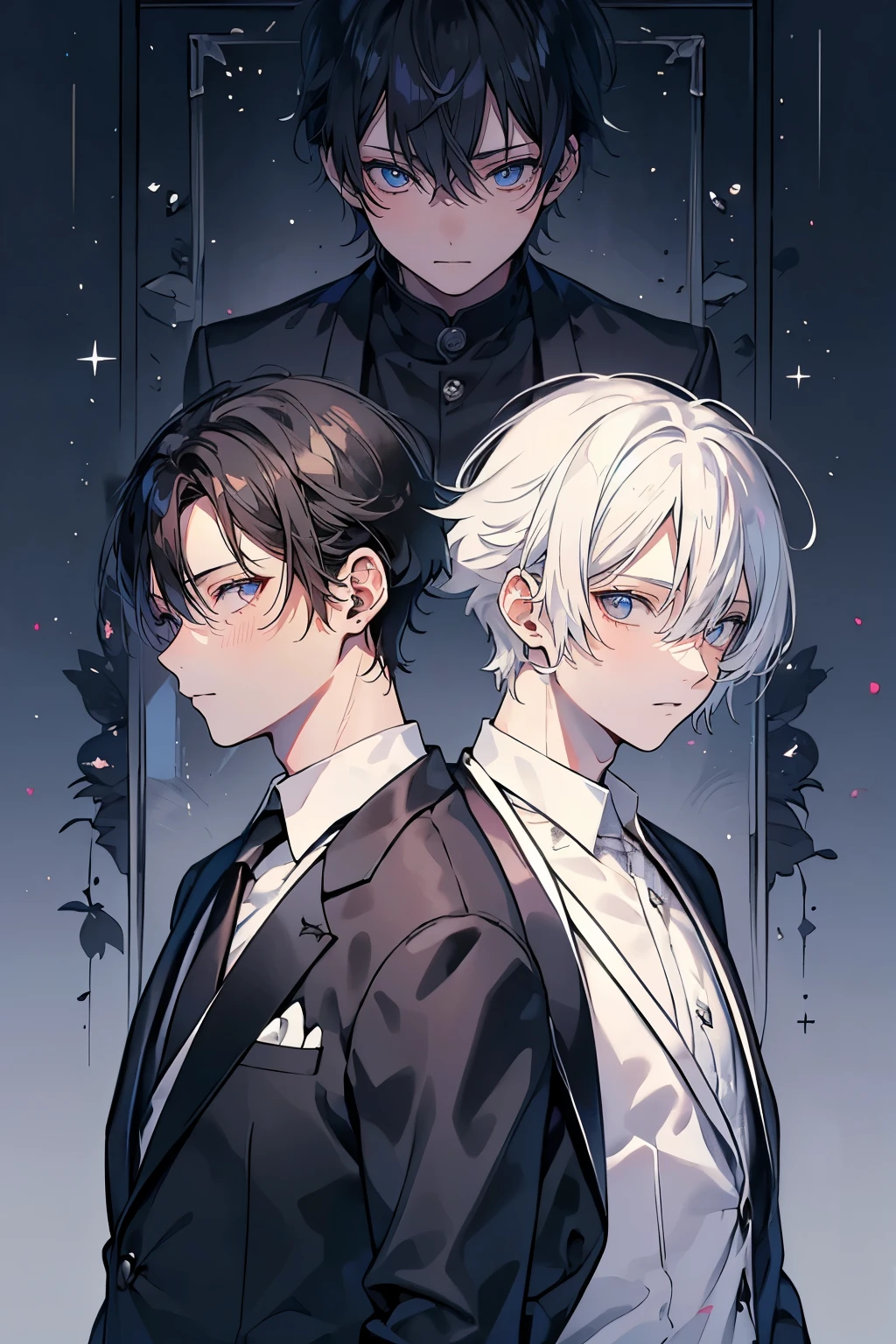 (Mastepiece), (Best Quality), Very detailed, ((Two friendly men)), Perfect Face, Beautiful Face, Very detailed顔，(Black Haired Man:1.3)，(Man with white hair:1.3)，suit，shirt