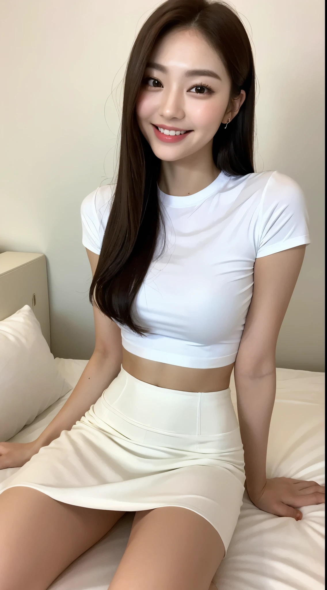 White tight shirt、White tight mini skirt、bed、smile、Short sleeve、high resolution、Korean idol face、double eyelid、White teeth