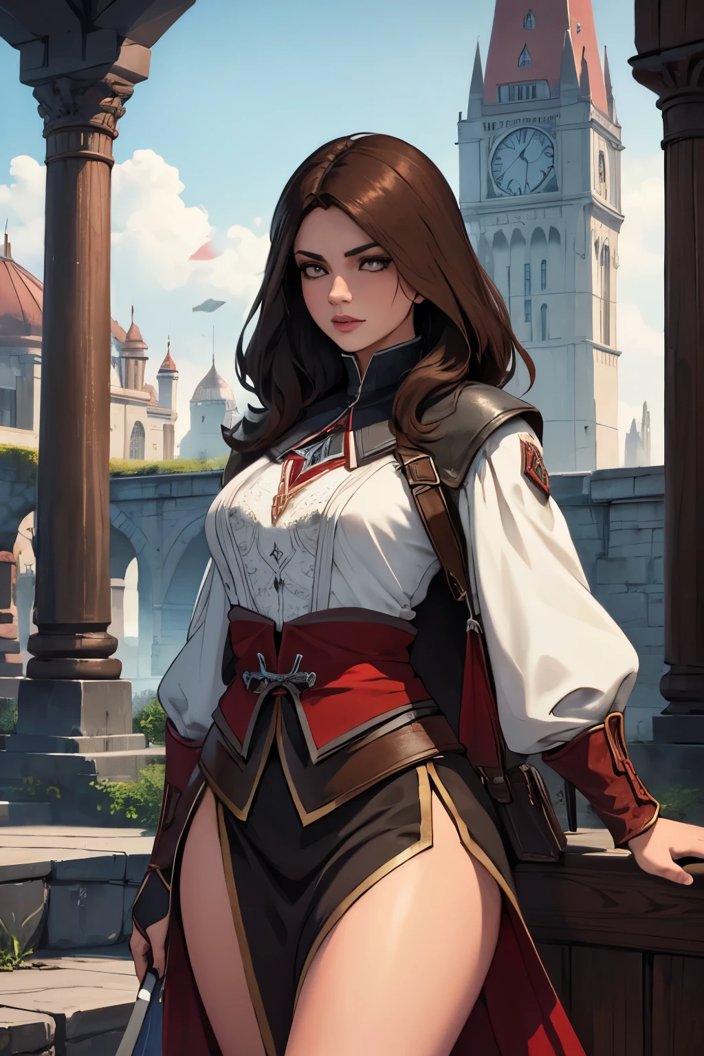 La mujer, Стиль Assassin's Creed, ropa corta, poca ropa, botas hasta la rodilla, Pulseras en las piernas, Ciudad medieval al fondo, Renacimiento, muy detallado, Realistic long-term photography., 4k, pelo largo, brown hair, By the chestnut, labios rojos, Chica con traje de Assassin's Creed Altair con capucha, hood, capucha, Assassin symbol's Creed en la cintura, sexy,red lips, brown eyes, big breasts, pechos grandes, breasts