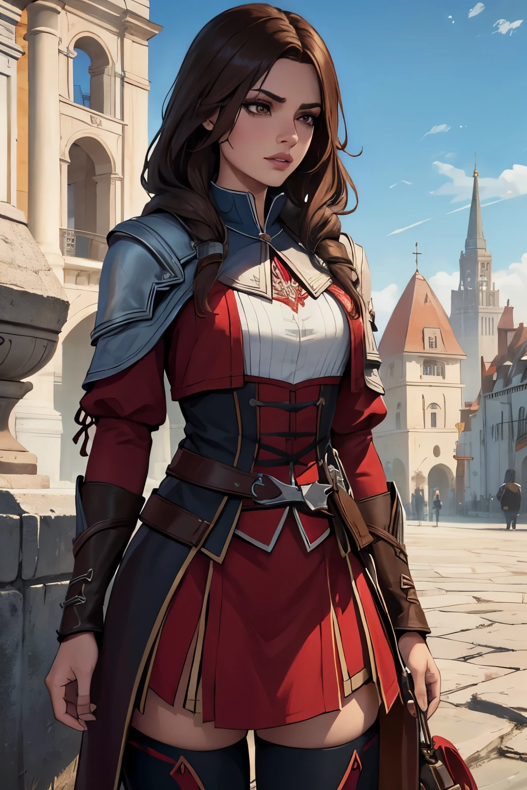 La mujer, Стиль Assassin's Creed, ropa corta, poca ropa, botas hasta la rodilla, Pulseras en las piernas, Ciudad medieval al fondo, Renacimiento, muy detallado, Realistic long-term photography., 4k, pelo largo, brown hair, By the chestnut, labios rojos, Chica con traje de Assassin's Creed Altair con capucha, hood, capucha, Assassin symbol's Creed en la cintura, ????,red lips, brown eyes, ???????????, pechos grandes, ???????
