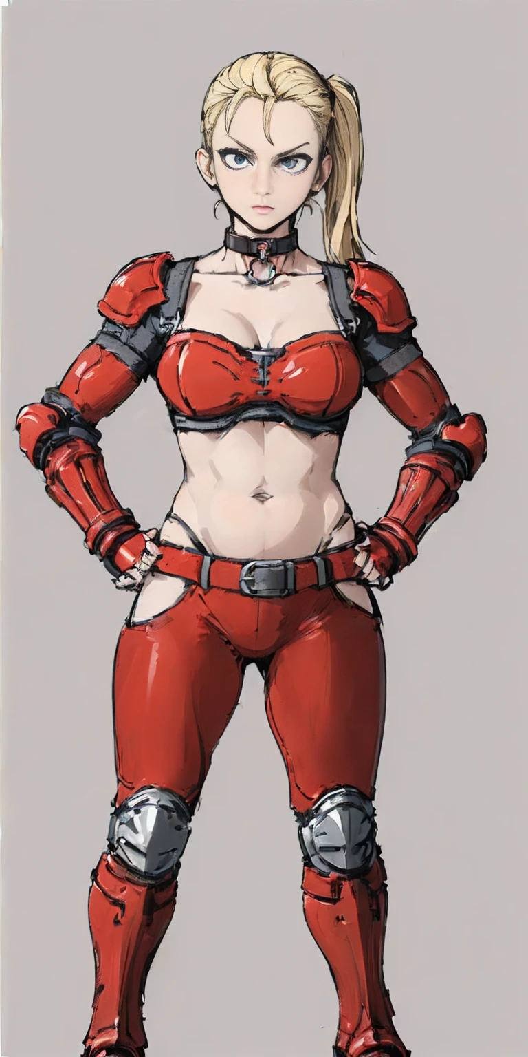(plain background, 8k, best quality, masterpiece, realistic, photo-realistic:1.37) (full body height standing straight symmetrical contrapposto) (looking at viewer) 2legs apart (wide stance) ultra detailed, 1solo cute girl (beautiful detailed eyes) (smile:1.2) (closed mouth) view from below depth of field, good composition, bob hair, perfect knockers, suspenders, toned body, athletic, wide hips, thin waist, toned arms, exposed abdomen, abs toned, navel, big belly button belt ((red cheeks, red eyes, red tank top, red thong, red gloves gauntlets, red stockings thighs)) (Rei Kishimoto)