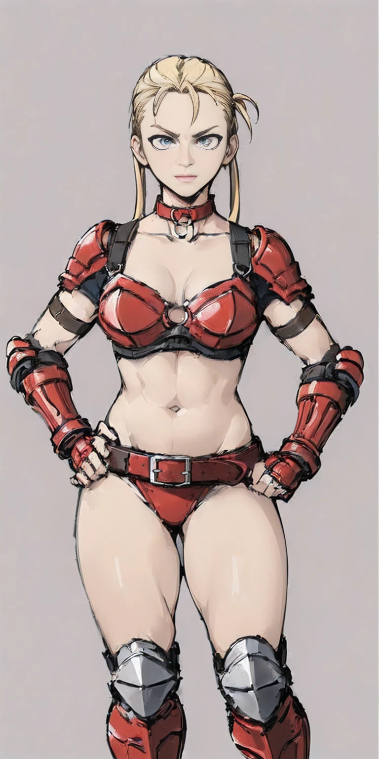 ((Plain background 1:2)) (Cammy White Street Fighter 6) Female full body standing straight symmetrical looking to the viewer RED full body armored (handcuffs, shackles, rerebrace, faulds, poleyn, gauntlets, leather collar choker) big belt under belly button, navel, belt over belly button ((hands on hips))