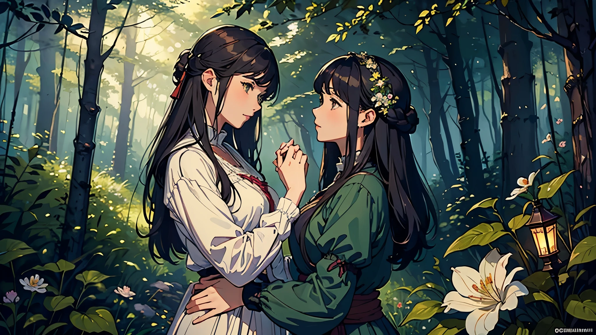 (highest quality, masterpiece, High resolution)、4K Anime Art、Soft Light、(Two women embracing in the forest、20-year-old)、(Detailed depiction of a beautiful face)、Put your hair up、Medieval European Dress、 evening、A woman is holding a lantern、Fireflies are flying、Lily flowers are blooming、In the woods of England、(Pre-Raphaelite style)、(Edmund Leighton Style)、(sergeant style)、