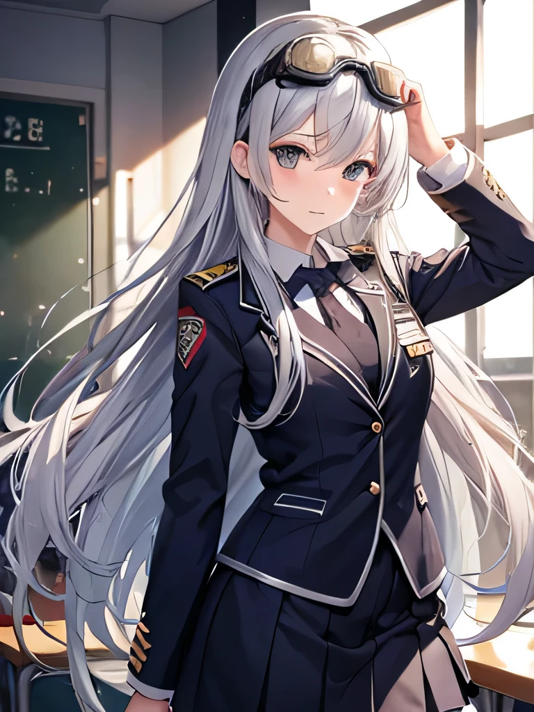 girl,high school student,Silver Hair,long hair,School,uniform,Wearing goggles on his head