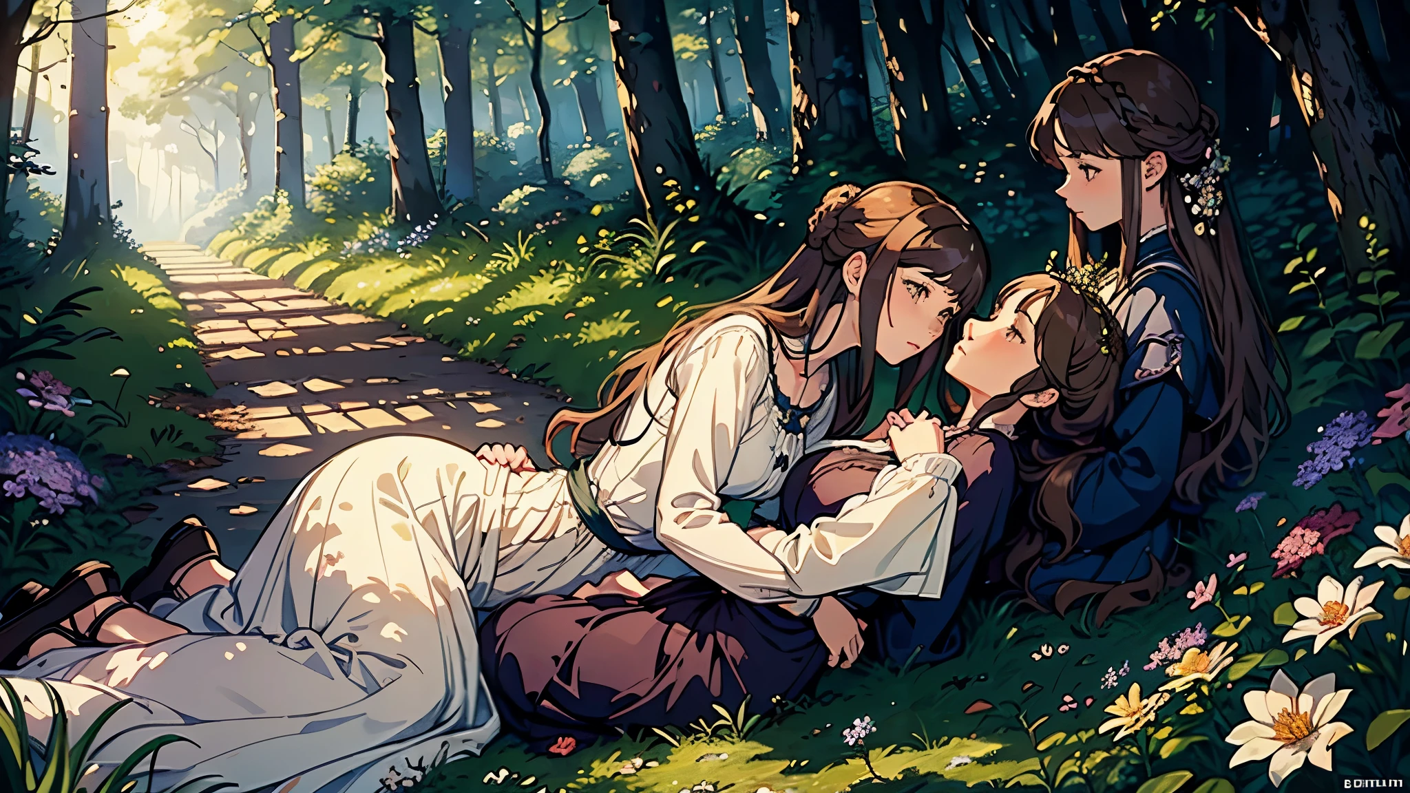 (highest quality, masterpiece, High resolution)、4K Anime Art、Soft Light、(Two women embracing in the forest、20-year-old)、(Detailed depiction of a beautiful face)、Put your hair up、Medieval European Dress、 evening、A woman is holding a lantern、Fireflies are flying、Lily flowers are blooming、In the woods of England、(Pre-Raphaelite style)、(Edmund Leighton Style)、(sergeant style)、