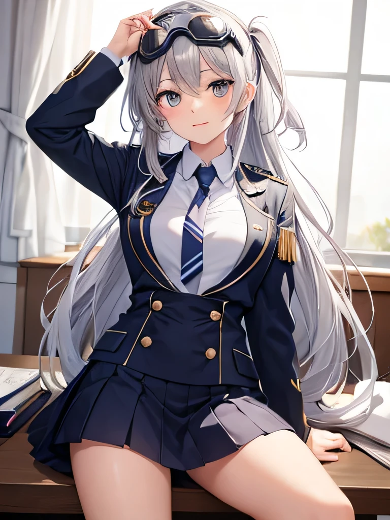 girl,high school student,Silver Hair,long hair,School,uniform,Wearing goggles on his head