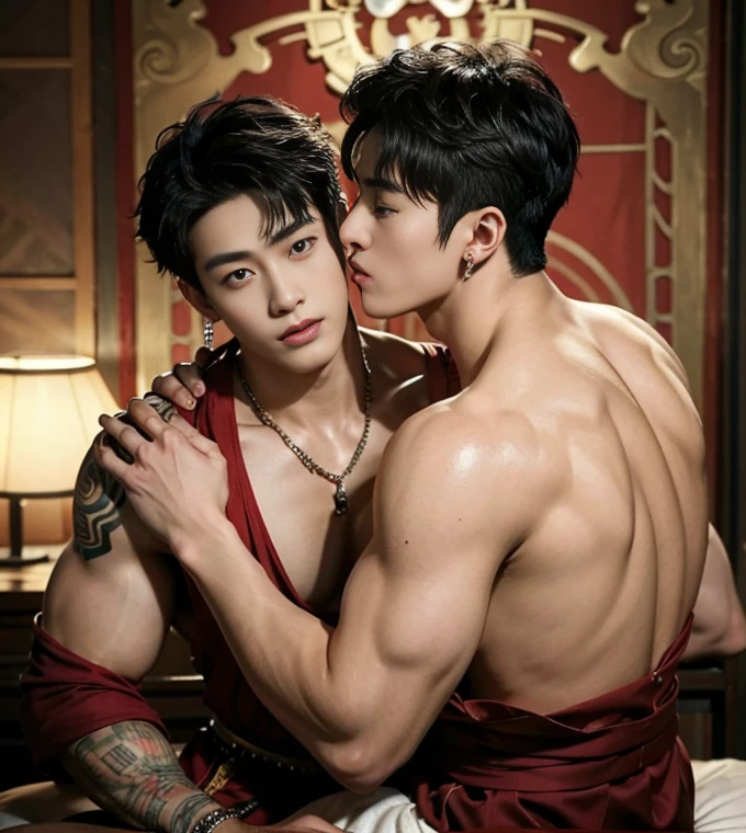 Two  handsome boys kissing, smiling at each other,hugging, kissing, touching lips, cuddle, Chinese Men God, Mythology, realistic, Chinese odyssy, super Handsome,manly,  detailed mess curly styling hair,  Topless, Muscles, big breast Athlete body, Full Frame, Sexy, realistic, human skin, tattoo breast, Professional studio Lighting, long red dong huang Outfit, jade and golden pendent all over body, detailed jewery armor, Chinese ancient golden palace Background,out door, detailed background,look at camera ,  open mouth, sexy Underneathe Underwear, tibet Warrior, Hanfu God,  tibet Male, tibet Nobel, Seduce, Sex Appeals , naked body, super big cock, long big dick masturbate,detailed dick and ball, dick in correct shape, big juicy butts.