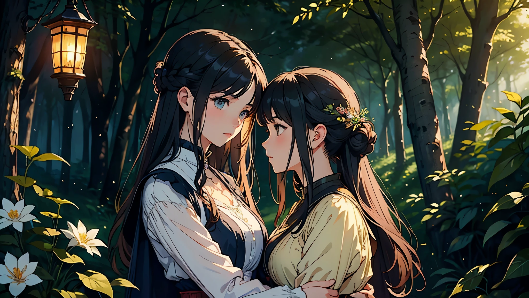 (highest quality, masterpiece, High resolution)、4K Anime Art、Soft Light、(Two women embracing in the forest、20-year-old)、(Detailed depiction of a beautiful face)、Put your hair up、Medieval European Dress、 evening、A woman is holding a lantern、Fireflies are flying、Lily flowers are blooming、In the woods of England、(Pre-Raphaelite style)、(Edmund Leighton Style)、(sergeant style)、