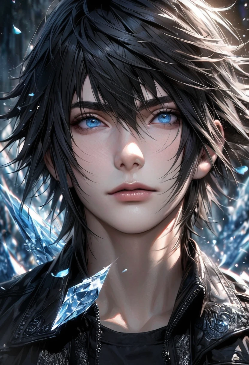absurdres, highres, ultra detailed, HDR, master piece, best quality, extremely detailed face and eyes, perfect face, realistic face, beautiful eyes, Noctis Lucis Caelum, black hair, expressive blue eyes, Final Fantasy xv, black jacket, black shirt, patterns, solo, man, handsome, ice butterflies, ice trees, ice flowers, ice petals