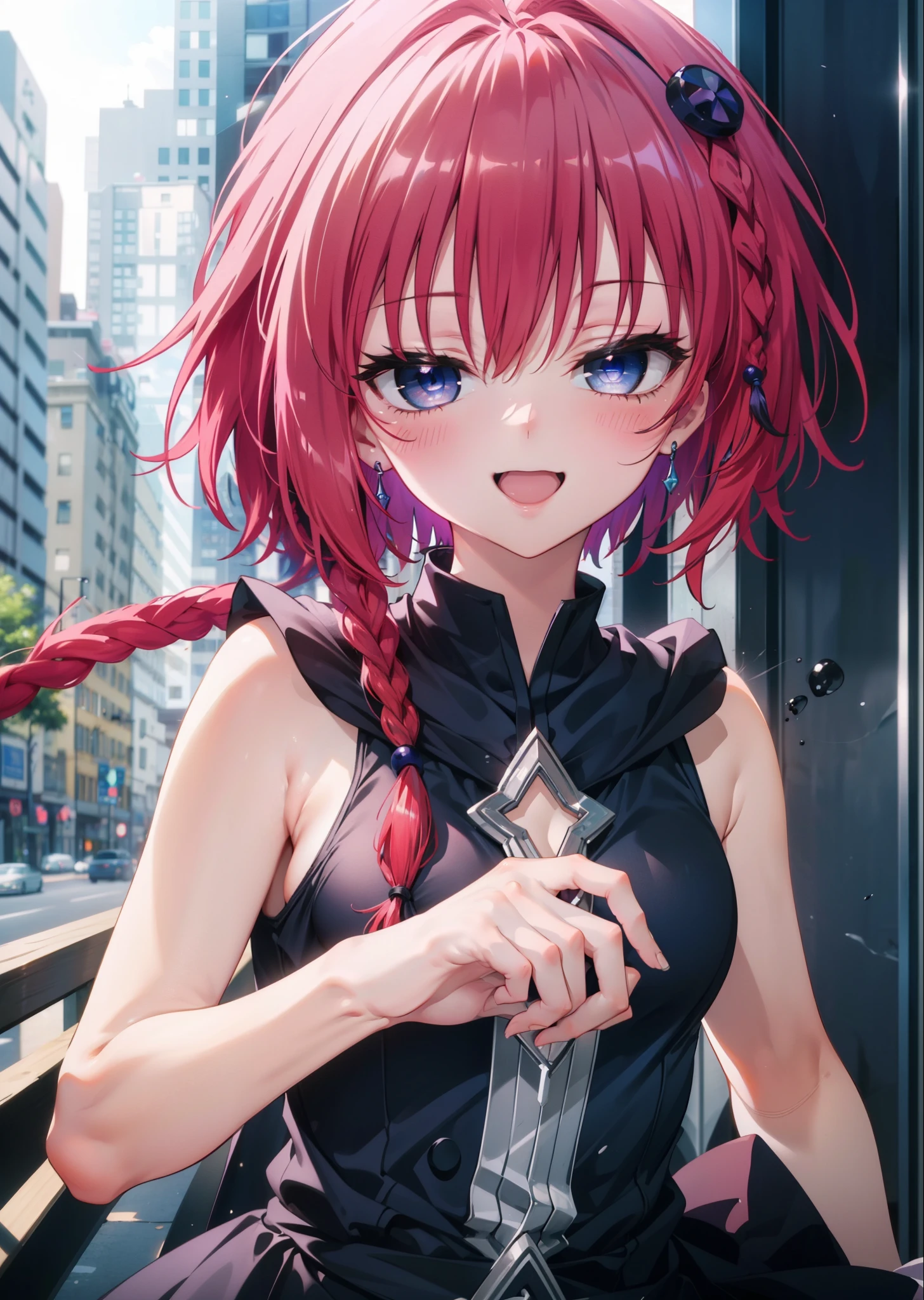 (masterpiece, highest quality:1.2),shape,8k,High resolution,kurosaki mea,Cowboy Shot,As if your whole body is in the illustration,1 girl,happy smile, smile, Open your mouth,Red hair,Long braids,Upper Body,(Portraiture:1.2),hair ornaments,smile,Purple eyes,Medium Chest,White Hair Band,Sleeveless dress,Long skirt,Cute Sandals,happy smile, smile, Open your mouth,smile,blush, Building district (Cowboy Shot:1. 5),(masterpiece:1.2), highest quality, High resolution, unity 8k wallpaper, (shape:0.8), (Beautiful and detailed:1.6), Highly detailed face, Perfect lighting, Extremely detailed CG, (Perfect hands, Perfect Anatomy),