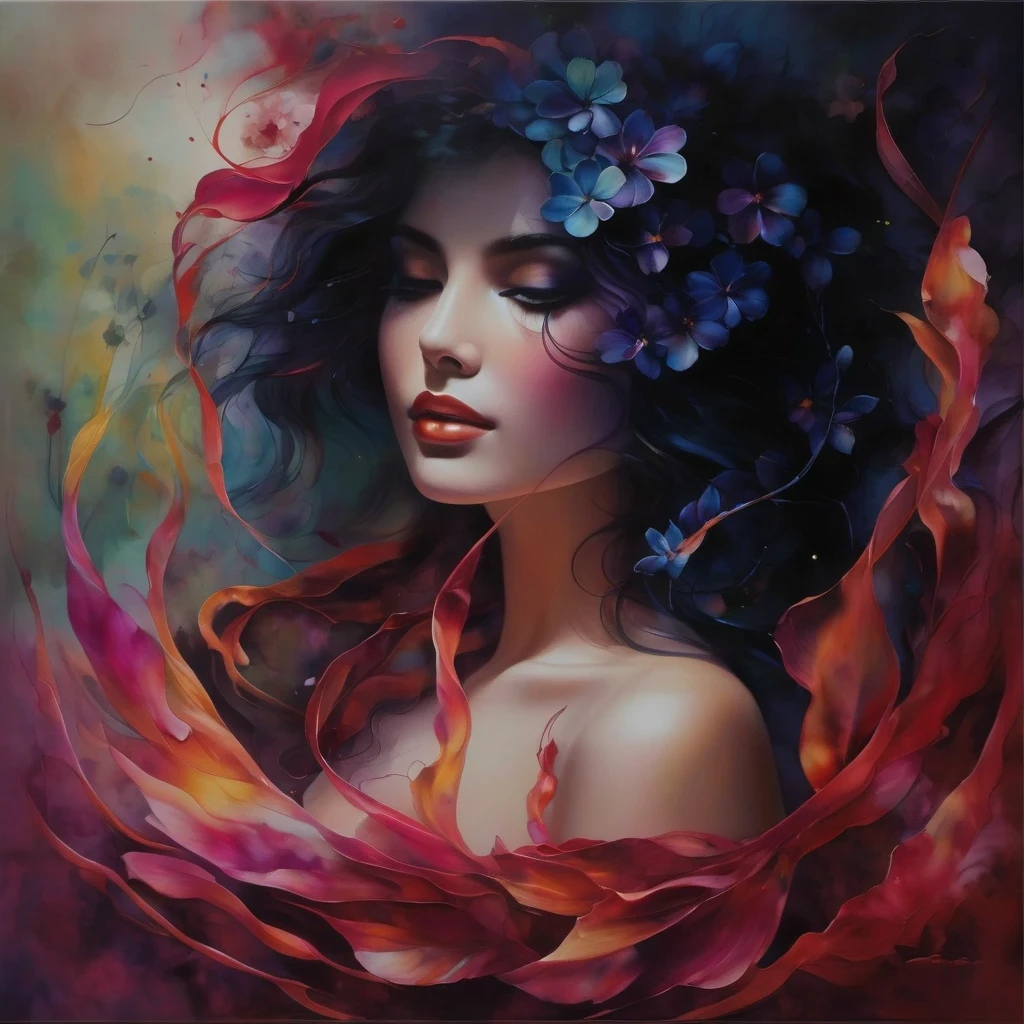Create a memorable and artistic scene on canvas., depicting the transformation of beauty, innocent face in a mesmerizing composition of watercolor flowers, intertwined with wisps of ethereal mist.. Start with a serene face in the center of the canvas., with delicate features, radiating innocence and charm. Gradually transform facial contours and features into a captivating blend of fluid watercolor strokes., carefully shaping an array of vibrant flowers with intricate petal detail. Give your canvas a fabulous quality, as floral elements smoothly merge with wisps of fog or smoke., creating a surreal and enchanting atmosphere. Use canvas as a medium, to capture artistic transformation., portraying the Beauty of the evolving composition as the innocent face gracefully dissolves into a harmonious tapestry of watercolor blooms and mystical mist. Use canvas texture and artistic elements, to enhance the charm of this memorable metamorphosis., evoking emotions of surprise, Beauty, and artistic expression