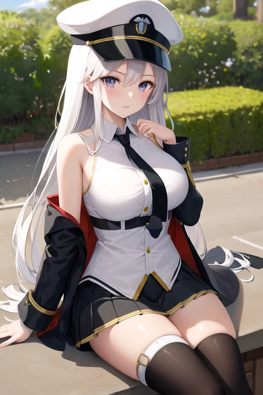 masterpiece, best quality, highres, aaenter, long hair, hat, white headwear, large breasts, black necktie, sleeveless shirt, white shirt, thights, off shoulder, black coat, open coat, belt, pleated skirt, black skirt, black thighhighs, cowboy shot, sitting, outdoors,