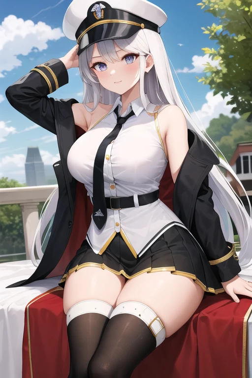 masterpiece, best quality, highres, aaenter, long hair, hat, white headwear, large breasts, black necktie, sleeveless shirt, white shirt, thights, off shoulder, black coat, open coat, belt, pleated skirt, black skirt, black thighhighs, cowboy shot, sitting, outdoors,