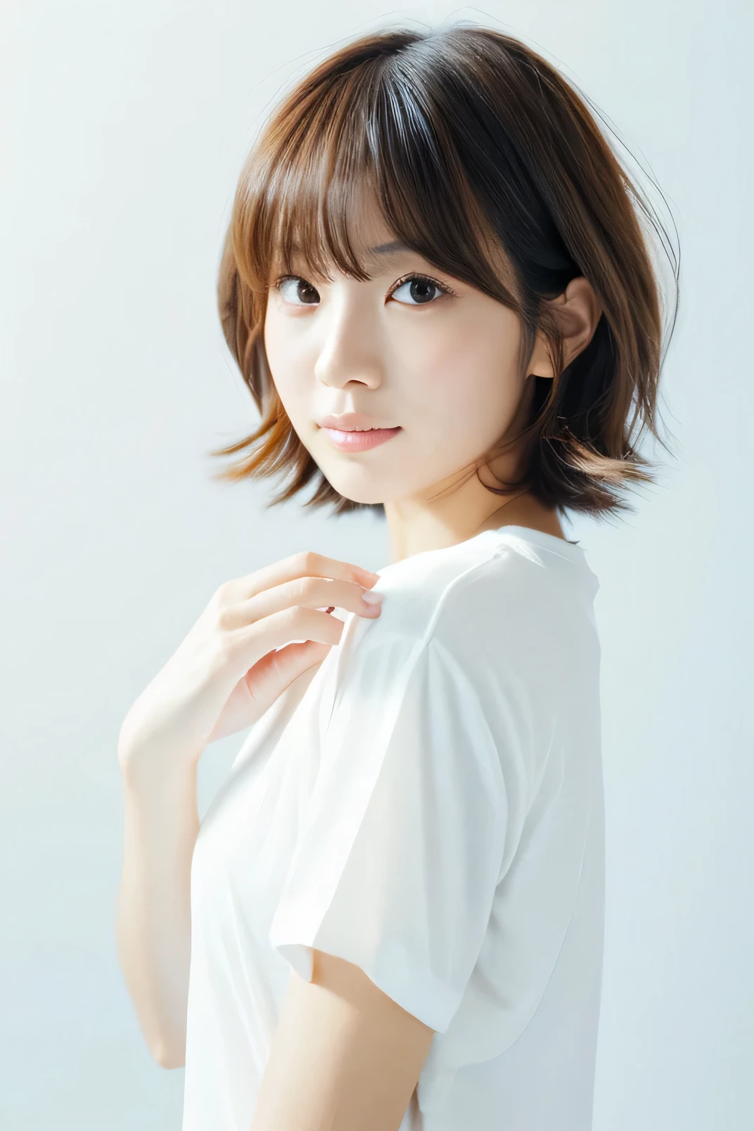Short Hair, Top quality, 1 beautiful Japanese　woman, age 28, white T-shirts, 35mm lens, f/1,Perm Hair, (white background: 1.3)key Light,Upper Body