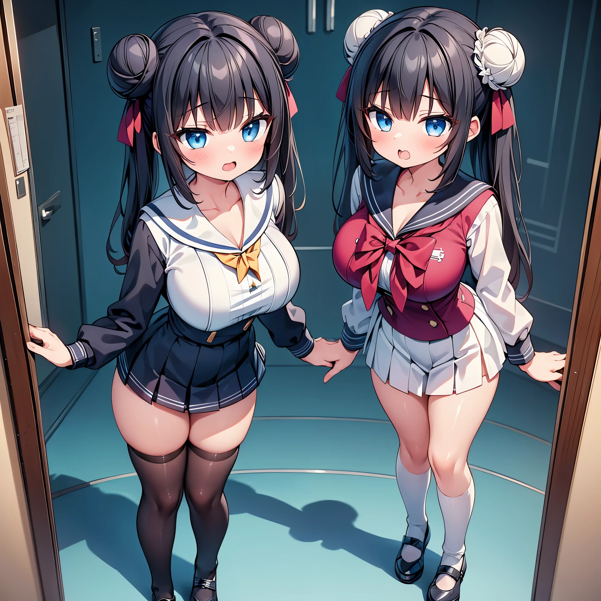 highest quality,wonderful,finely,extremely detailed CG Unity 8K wallpaper, (2 Girls,Black Hair, Blue Eyes,double bun), (huge breast), (sailor uniform:1.1), (cleavage cutout:1.1), (open mouth:1.2), (long tongue:1.2), (mouth drool:1.2), (black stockings:1.1),(Thighs),(Waistline),(standing:1.2),(written boundary depth)