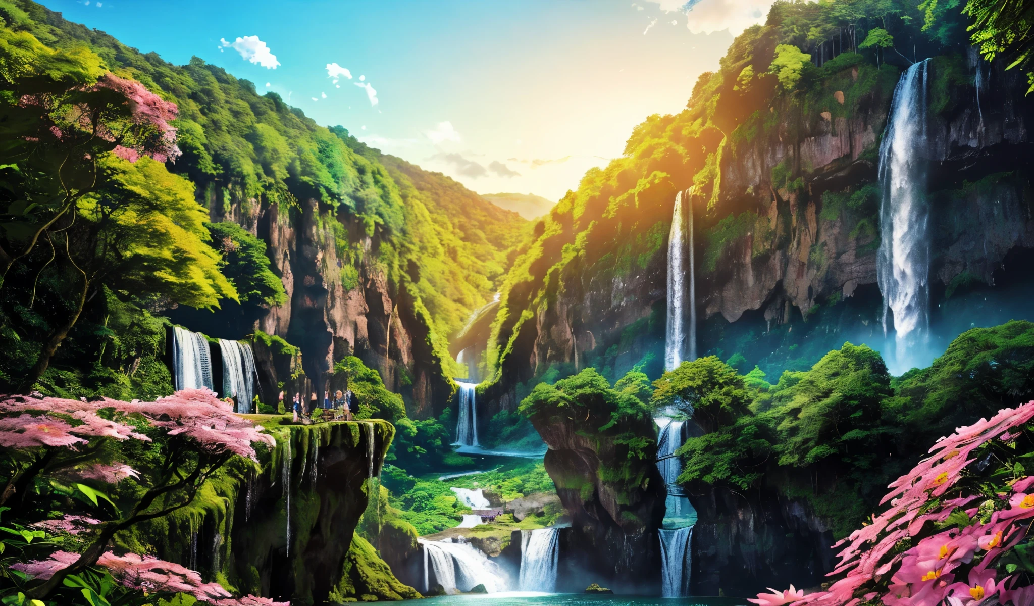 a large waterfall is in the middle of a lush green forest, stunning nature in background, with trees and waterfalls, scenic colorful environment, flowers and waterfalls, beautiful place, natural landscape beauty, waterfalls and lakes, really beautiful nature, nature in all its beauty, beatiful backgrounds, beautiful nature, extraordinary colorful landscape, a beautiful landscape, lakes and waterfalls