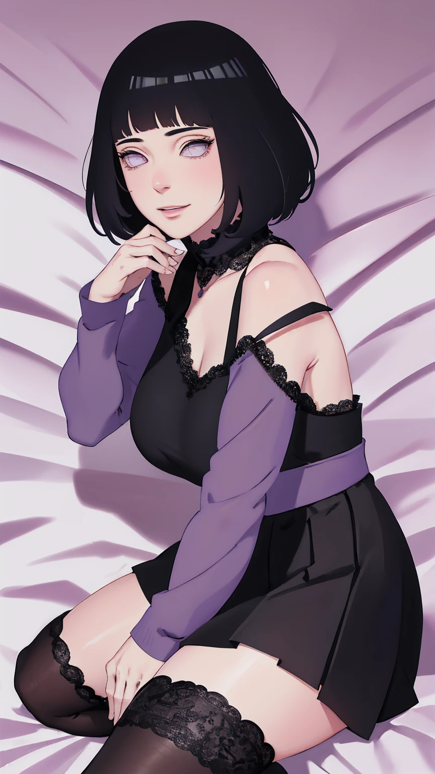 { - anatomy error} (Masterpiece - Ultra-detailed, very high resolution) (huge titusty, masterpiece, absurdres, hinata\(boruto\), 1girl, solo,mature female, off-shoulder bra, high waist black short skirt, looking at viewelling petals), perfect composition, detailed lips, big breast, beautiful face, body propotion, blush, (pink lips), short hair, (black hair), purple eyes, soft gaze, super realistic, detailed, photoshoot, realistic face and body, closed mouth, laying on the bed , lilac eyes, full body, lace clothes, with chin resting on shoulder, perfect fingers, backwards, looking back, naughty  smile