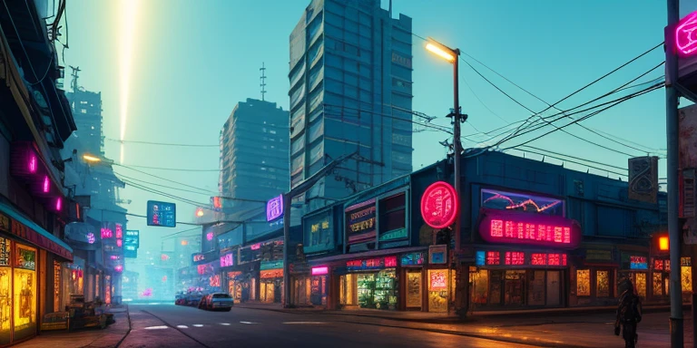 Cyberpunk city from sci-fi movie, wasteland, empty street, night, chinoiserie architecture, bridge, old shop, irregular, circuit board, wires, intricate, ultra detailed, realistic, hyper realistic, high quality, best , Super Detail, Crazy Detail, Very Detailed, Photorealistic, Epic Composition, Best Quality, 32k --v 6