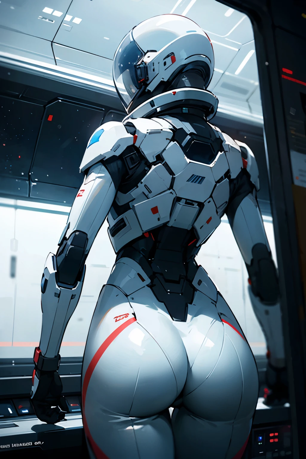Wisp,helmet, from behind,ass, solo,space cabin,indoors,science fiction, (insanely detailed, masterpiece, best quality),